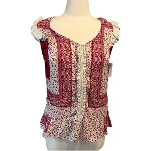 Democracy Boho Red Patchwork Eyelet Lace Floral Top Sz Sml Cottagecore Flutter
